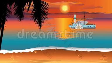 日落景色与剪影棕榈树和<strong>轮船</strong>慢慢在海洋。